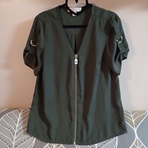 Michael Michael Kors Womens Small S.S Gold Accent Zip Front Olive Green Shirt